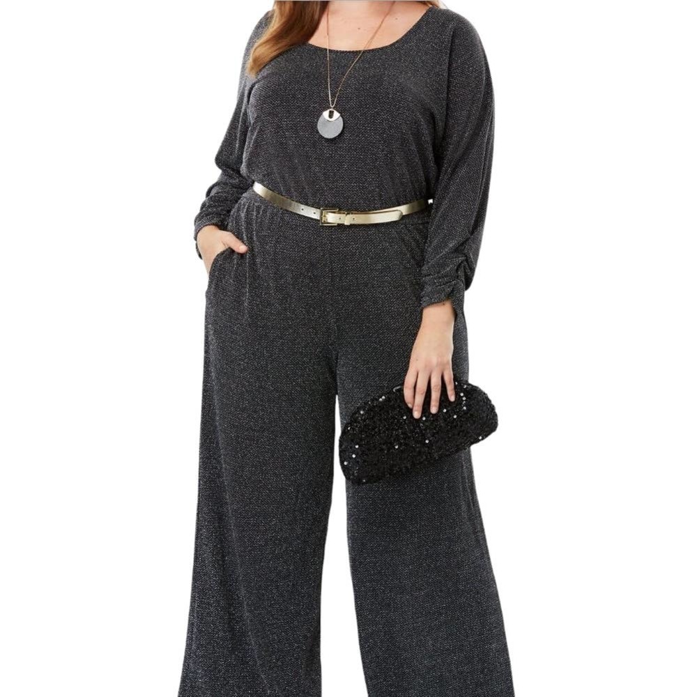 JESSICA LONDON BLACK SHIMMERY BLOUSON SLEEVE WIDE LEG JUMPSUIT 14W